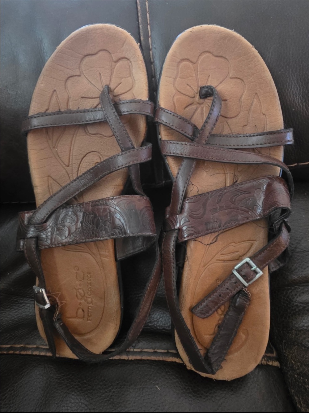 b.o.c. Dark Brown Floral-Embossed Leather Strappy Sandals
